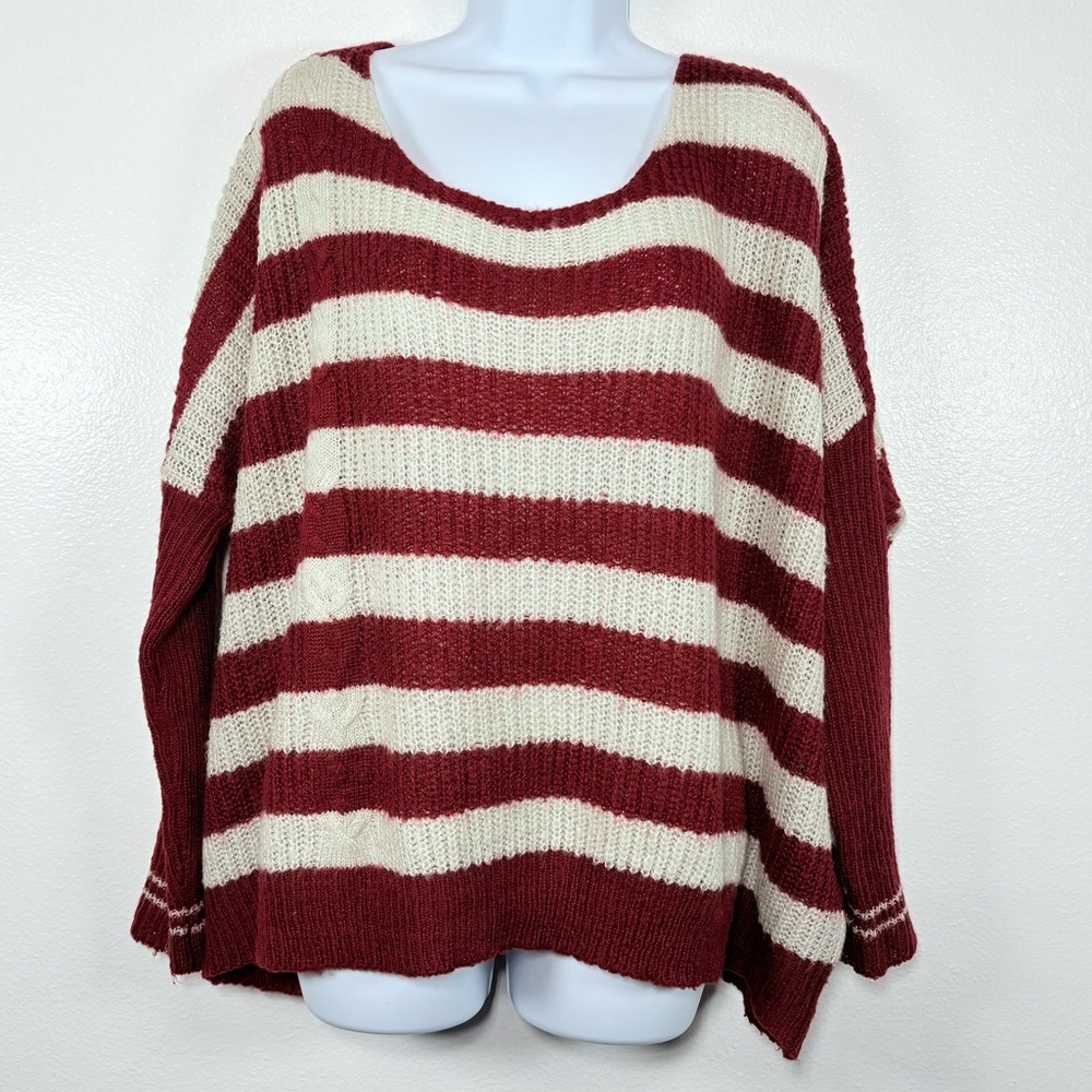 Tobi Burgundy&Cream Striped Oversized Chunky Knit Cozy Scoop Net Sweater SzM/L